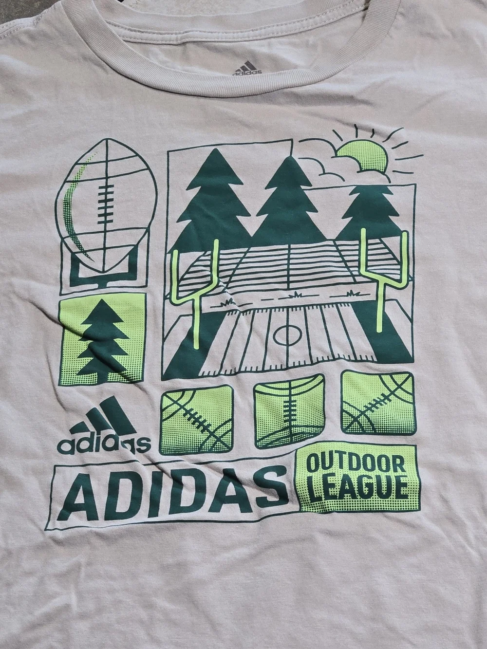 Adidas Outdoor League Graphic T-Shirt Boys Large 14/16 Tan Green Sports Tee